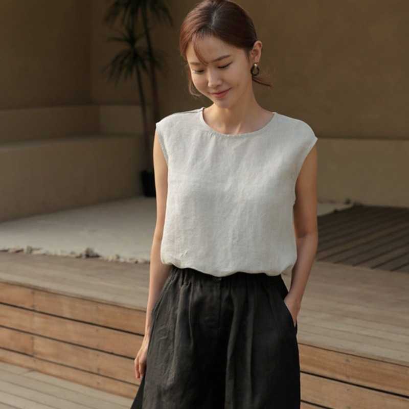 Summer Womens Pure Linen Sleeveless Crewneck Slit Blouse Top