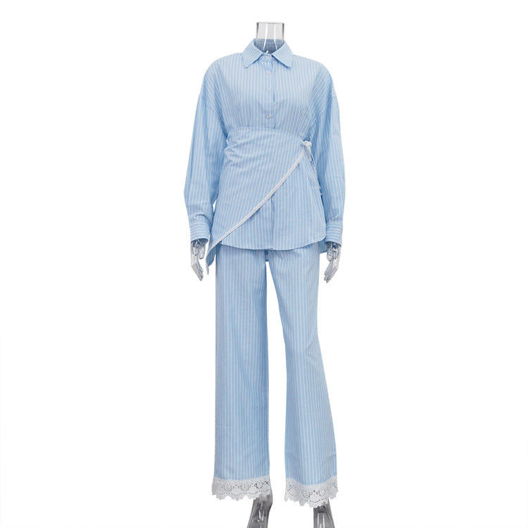 Patchwork Lace Stripe Women Shirt and Wide-Leg Pants