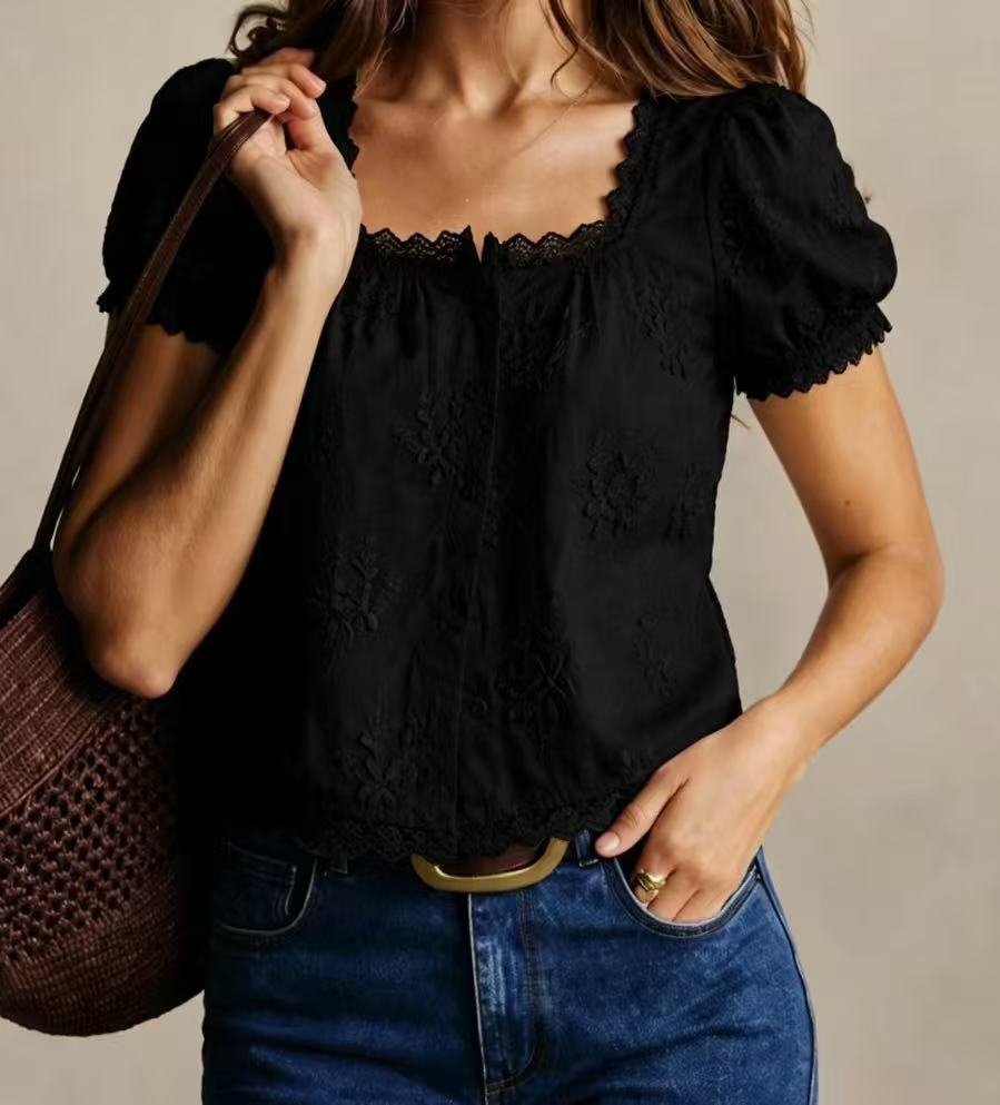 Women Square Neck 3D Floral Embroidery Cropped Button Blouse