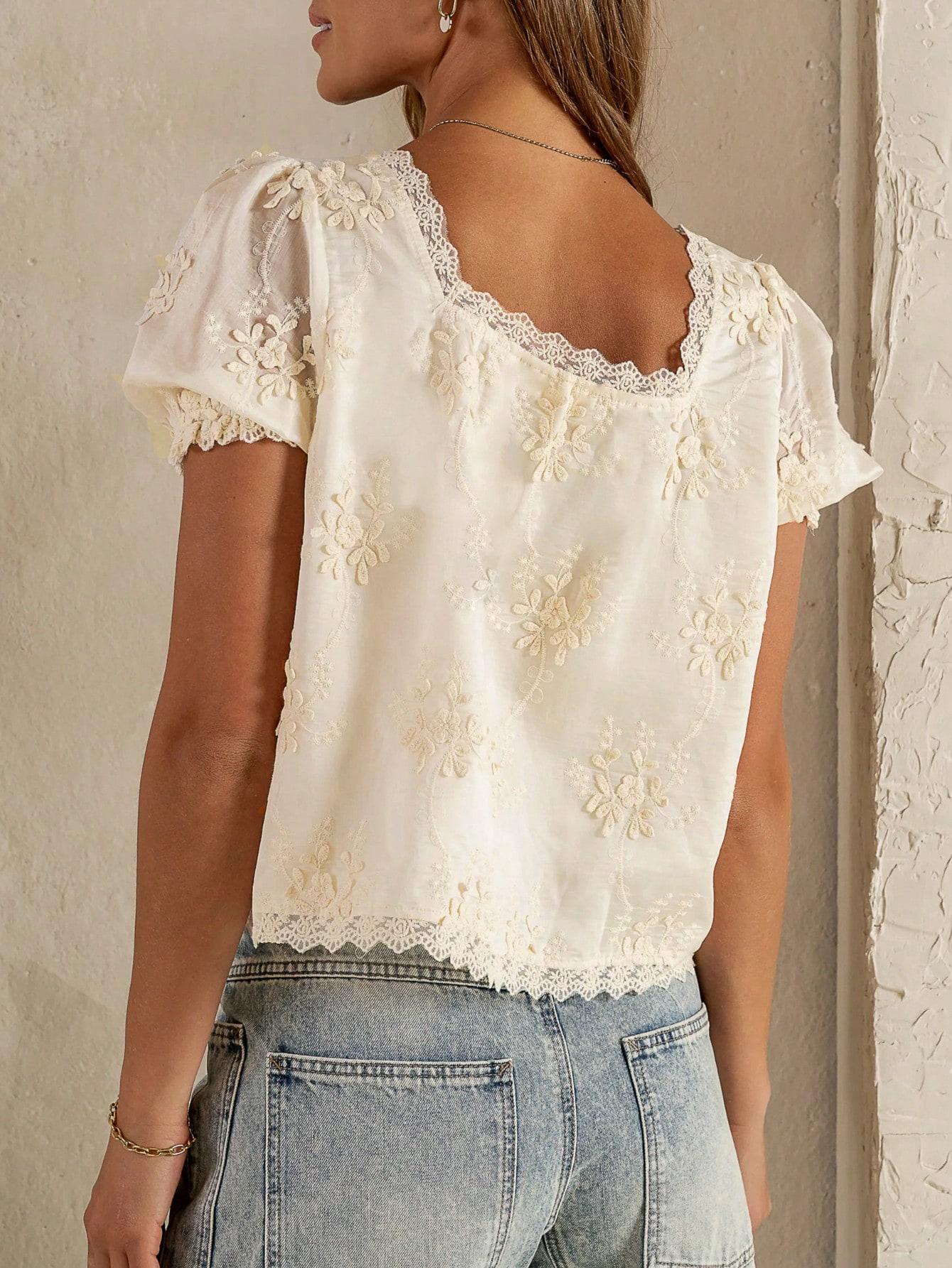 Women Sexy Lace Embroidery Short Sleeve Blouse