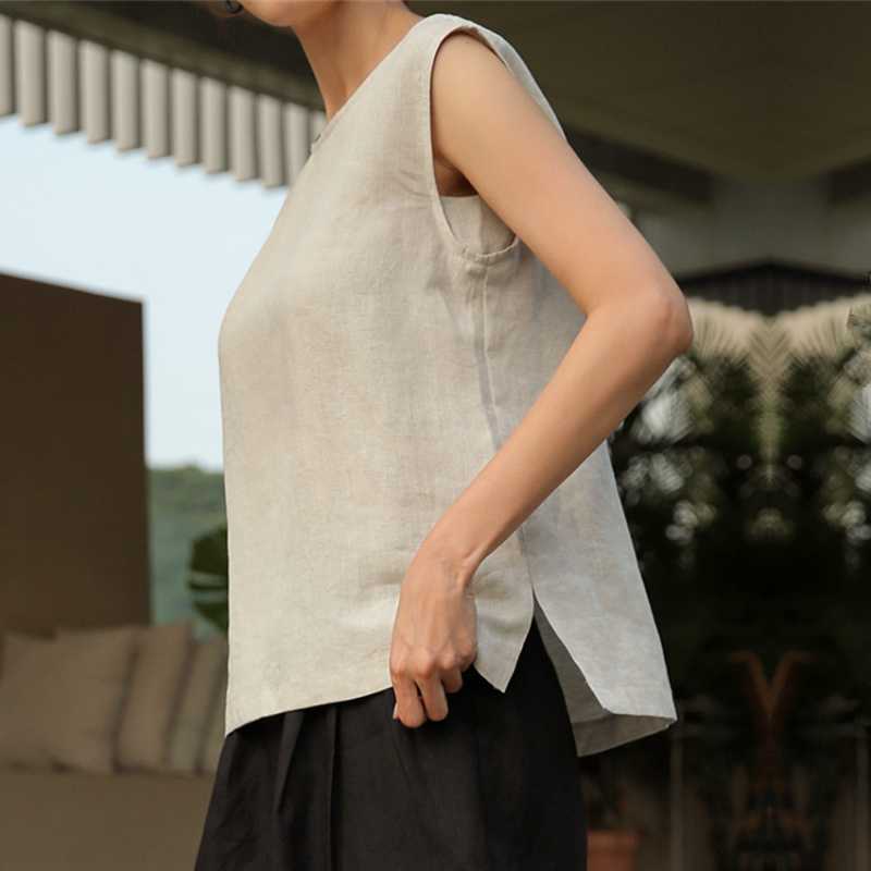 Summer Womens Pure Linen Sleeveless Crewneck Slit Blouse Top