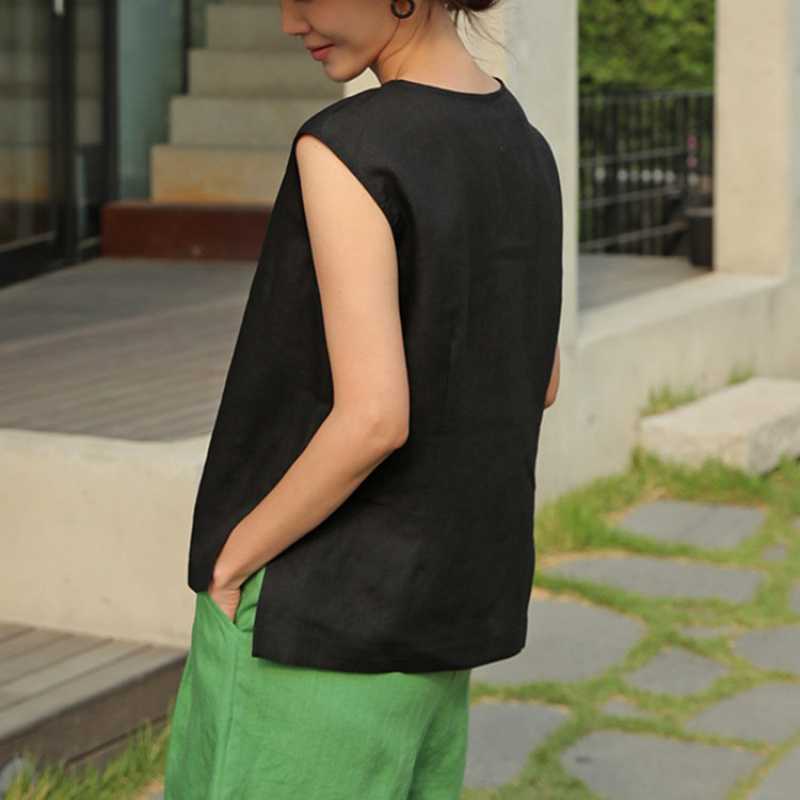 Summer Womens Pure Linen Sleeveless Crewneck Slit Blouse Top