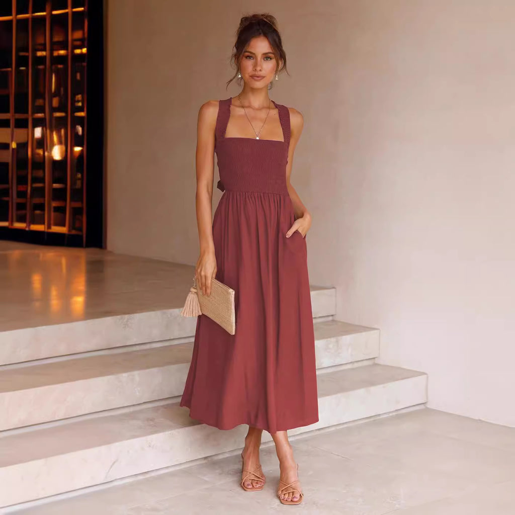 Backless cross-tied square-neck dress