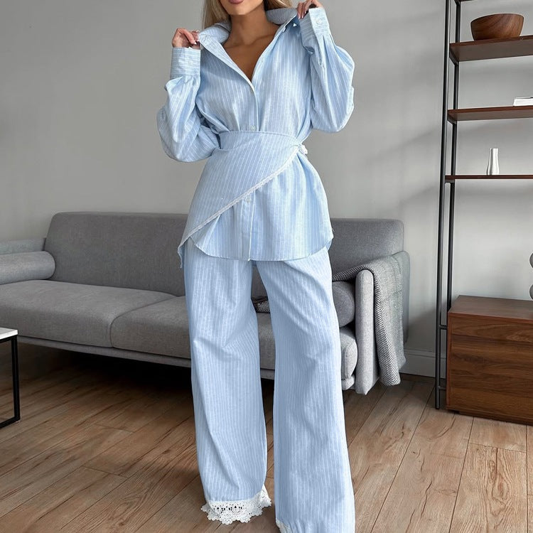 Patchwork Lace Stripe Women Shirt and Wide-Leg Pants