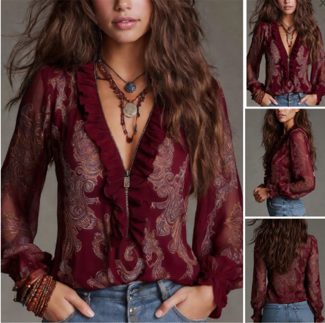 Floral Print V-Neck Long Sleeve Blouse