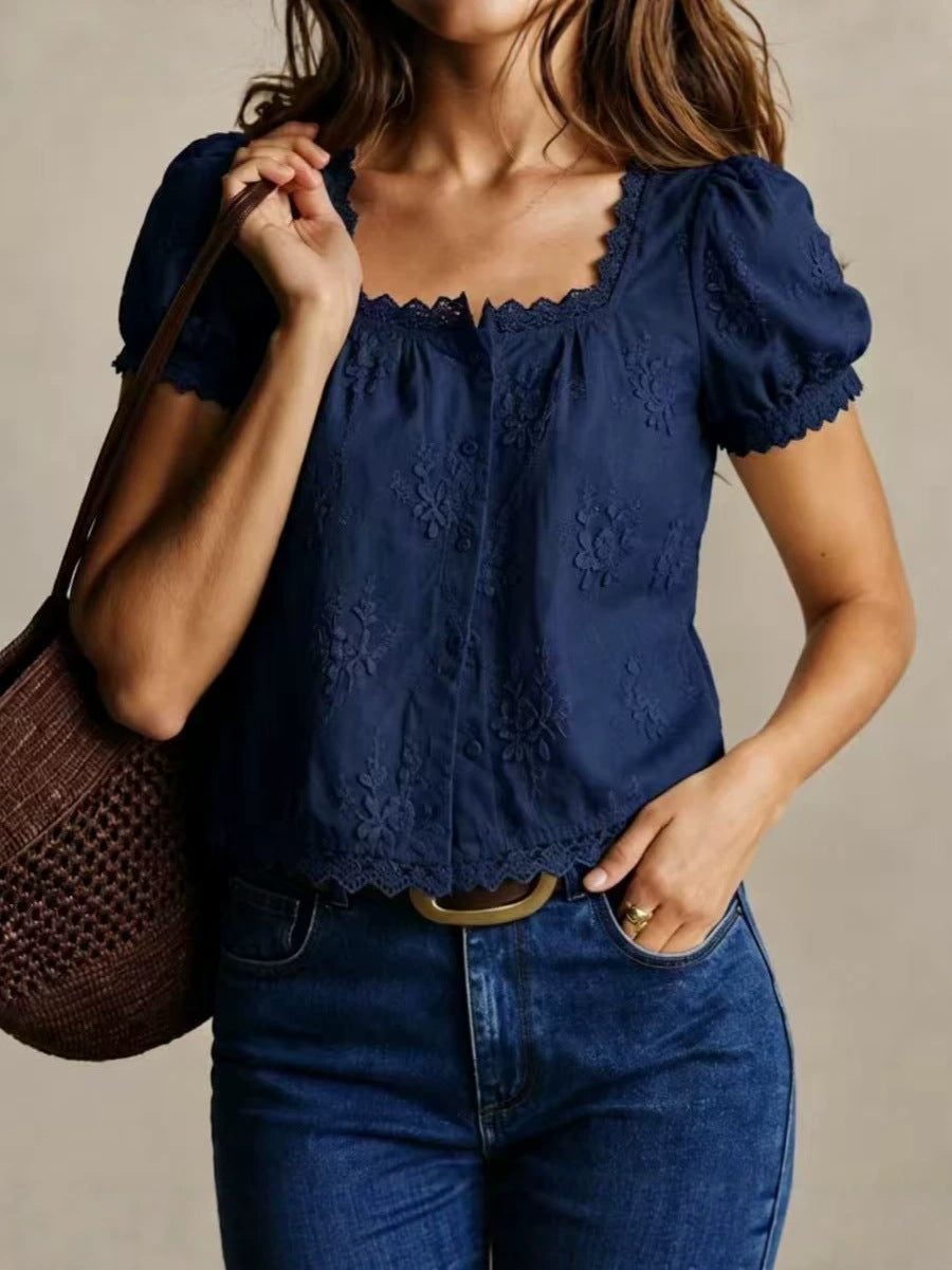 Women Square Neck 3D Floral Embroidery Cropped Button Blouse