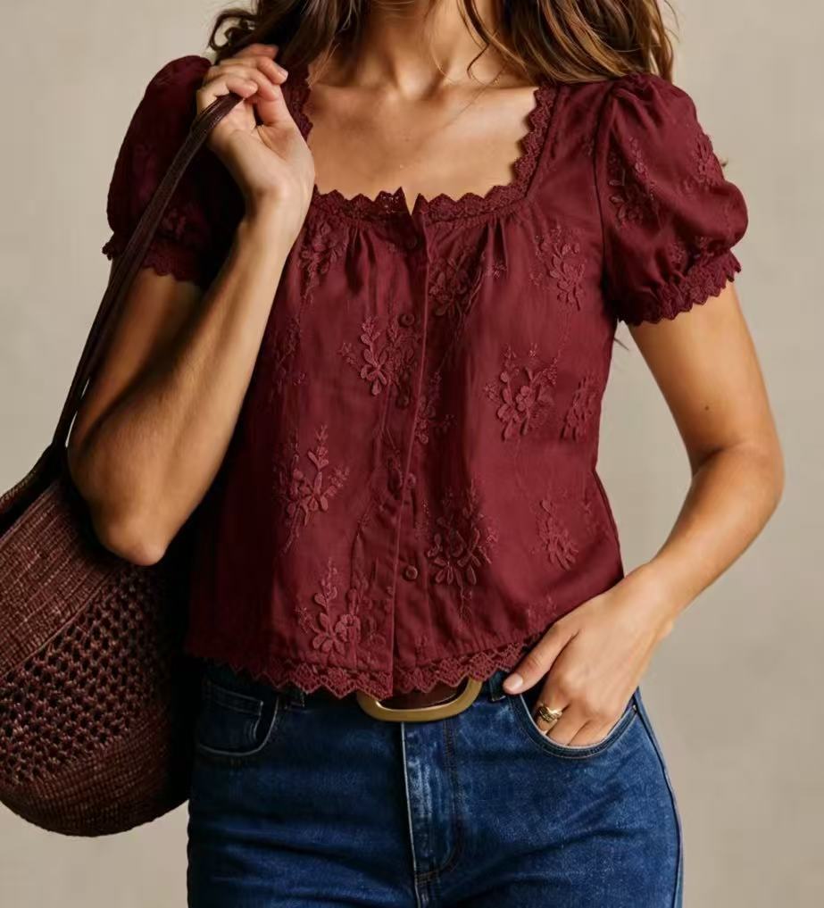 Women Square Neck 3D Floral Embroidery Cropped Button Blouse