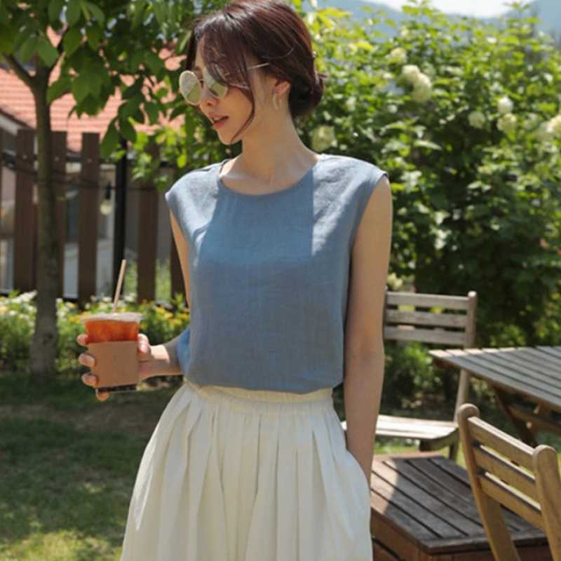 Summer Womens Pure Linen Sleeveless Crewneck Slit Blouse Top