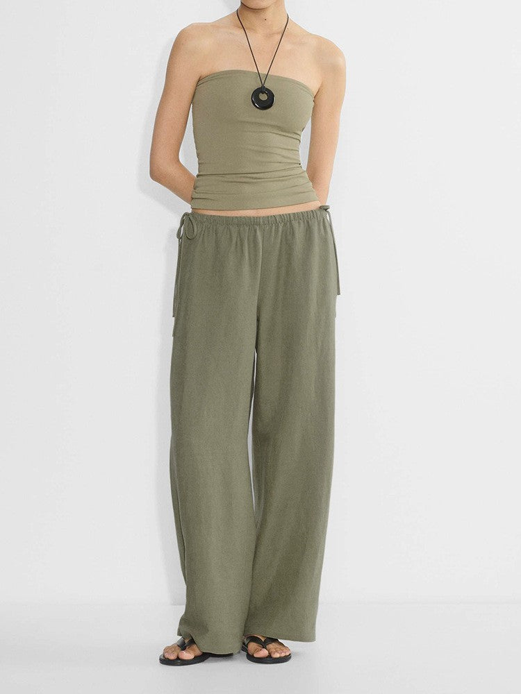 Linen Wide-Leg Pants for Women, Spring Long Pants with Elastic Waist, Drapey Linen Casual Pants, Loose Cotton-Linen Straight-Leg Pants