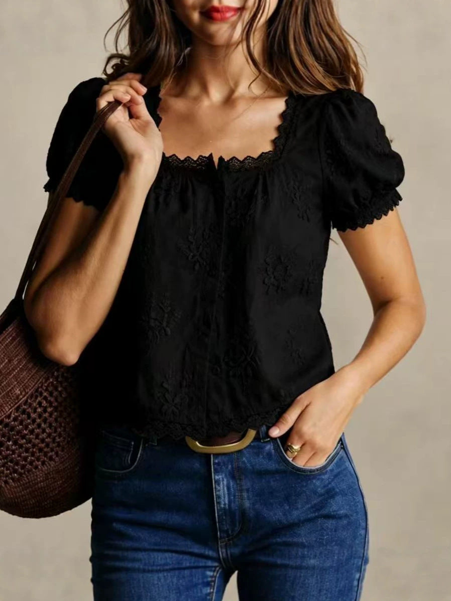 Women Square Neck 3D Floral Embroidery Cropped Button Blouse