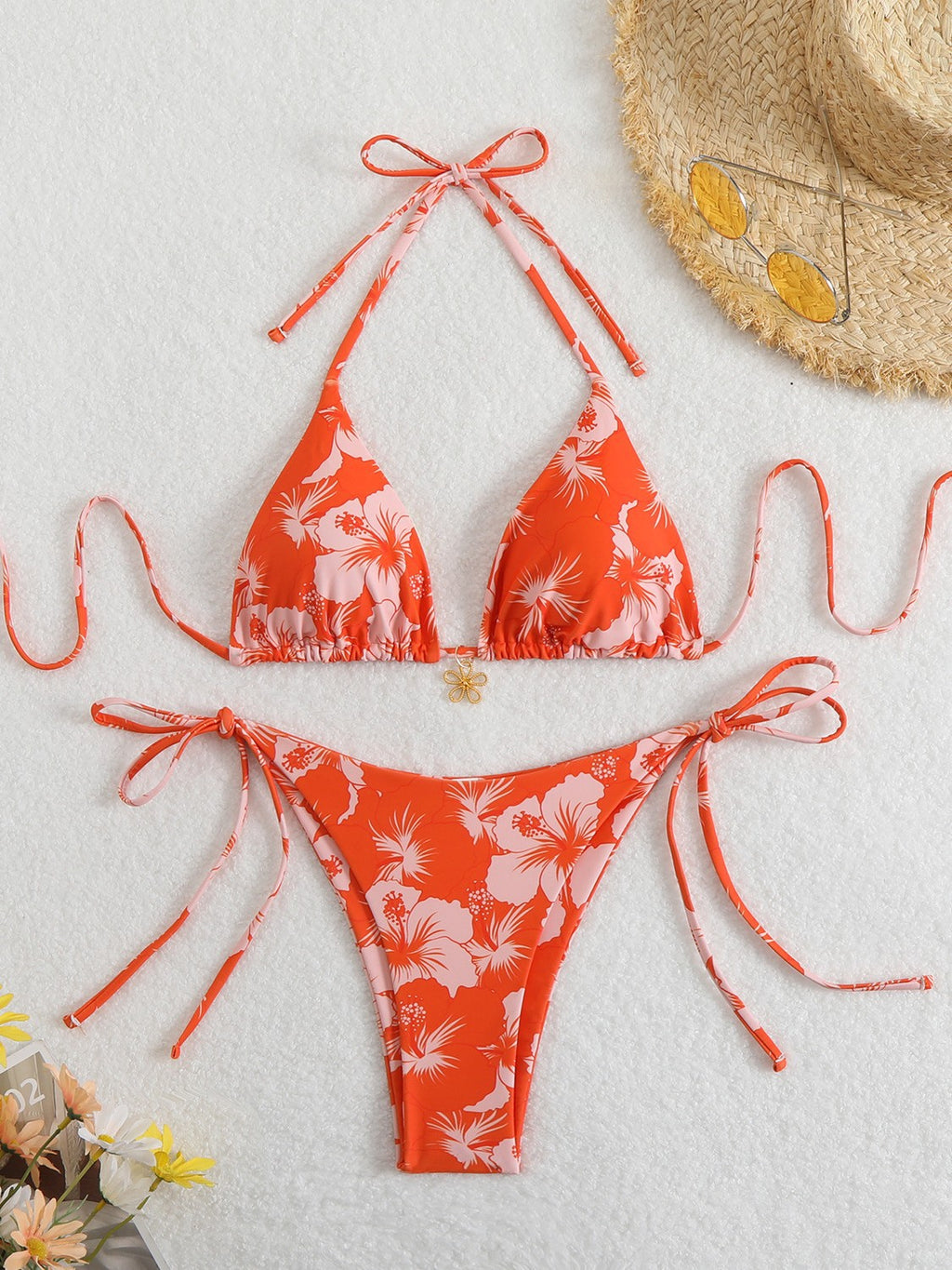 Printed Neck Strap Bikini Swimsuit