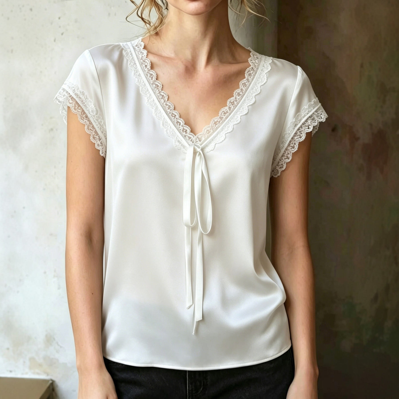 Womens Lace Trim V-Neck Blouse