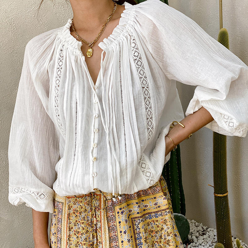 Womens FrenchStyle HollowOut Blouse