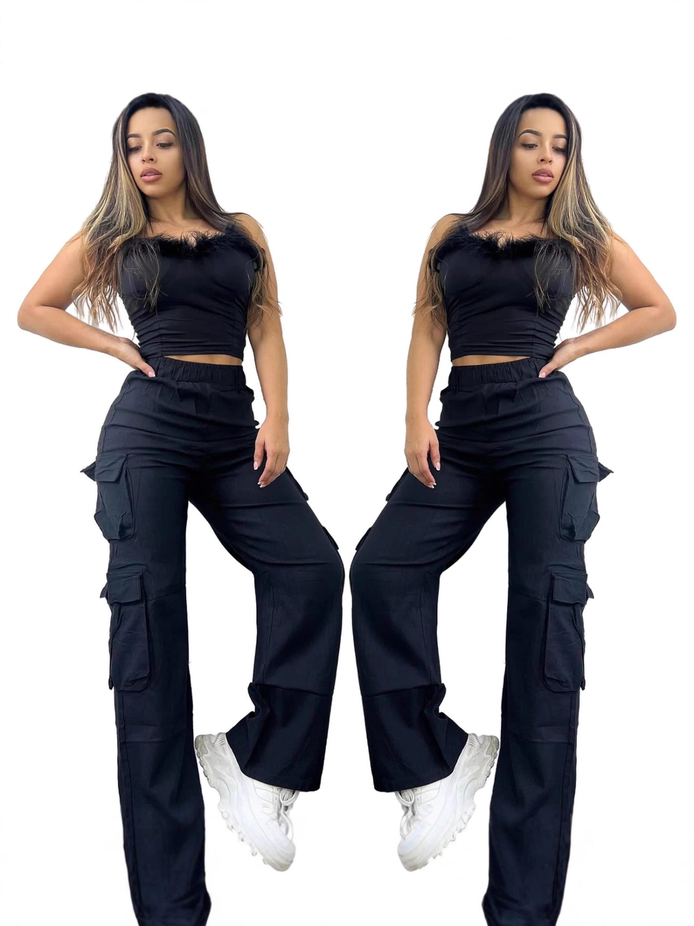 Women High-Waisted Wide-Leg Cargo Pants Multi-Pocket Casual Pants