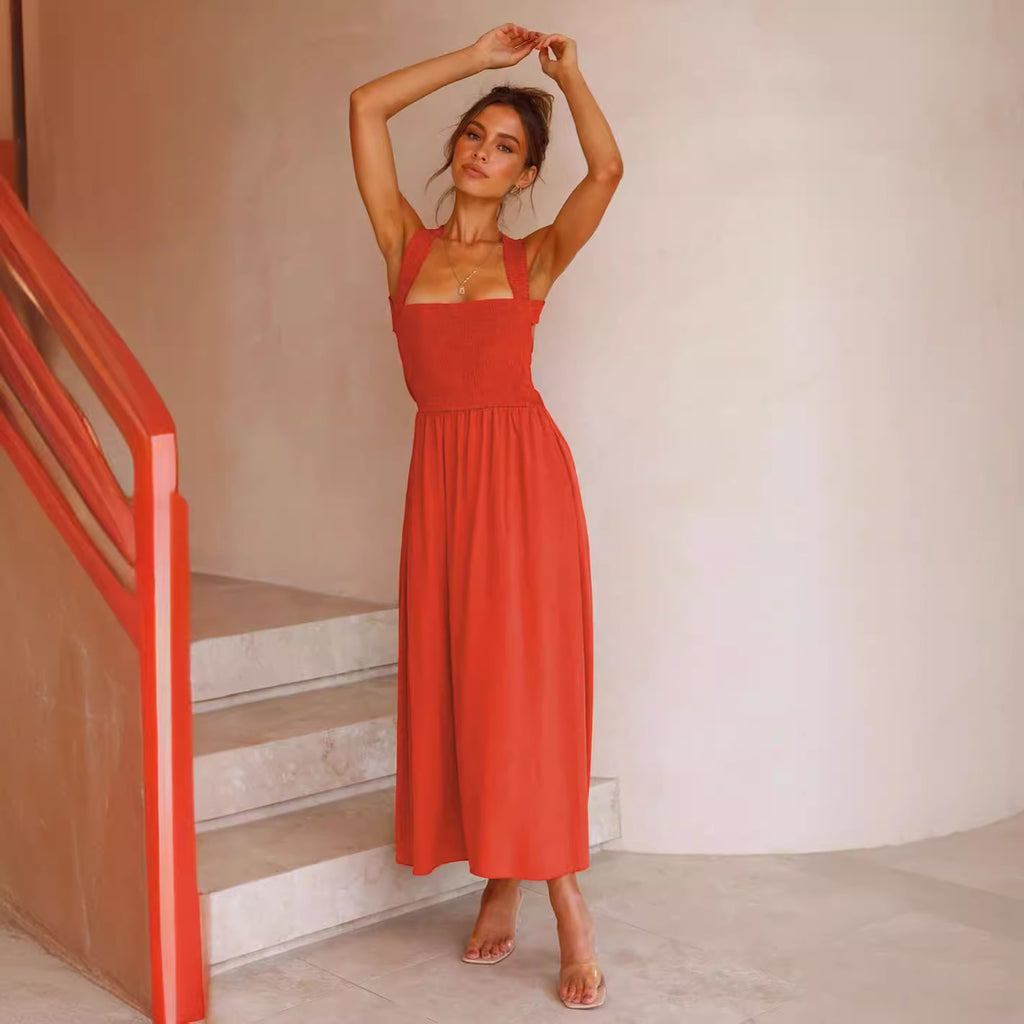 Backless cross-tied square-neck dress