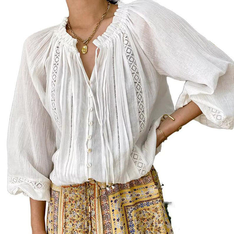Womens FrenchStyle HollowOut Blouse