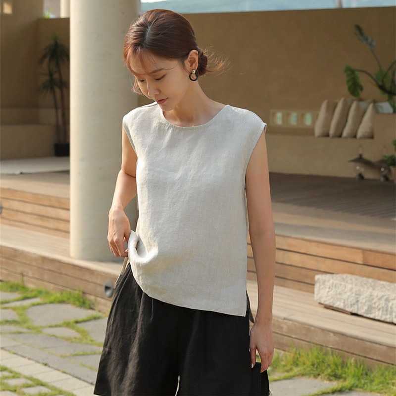 Summer Womens Pure Linen Sleeveless Crewneck Slit Blouse Top
