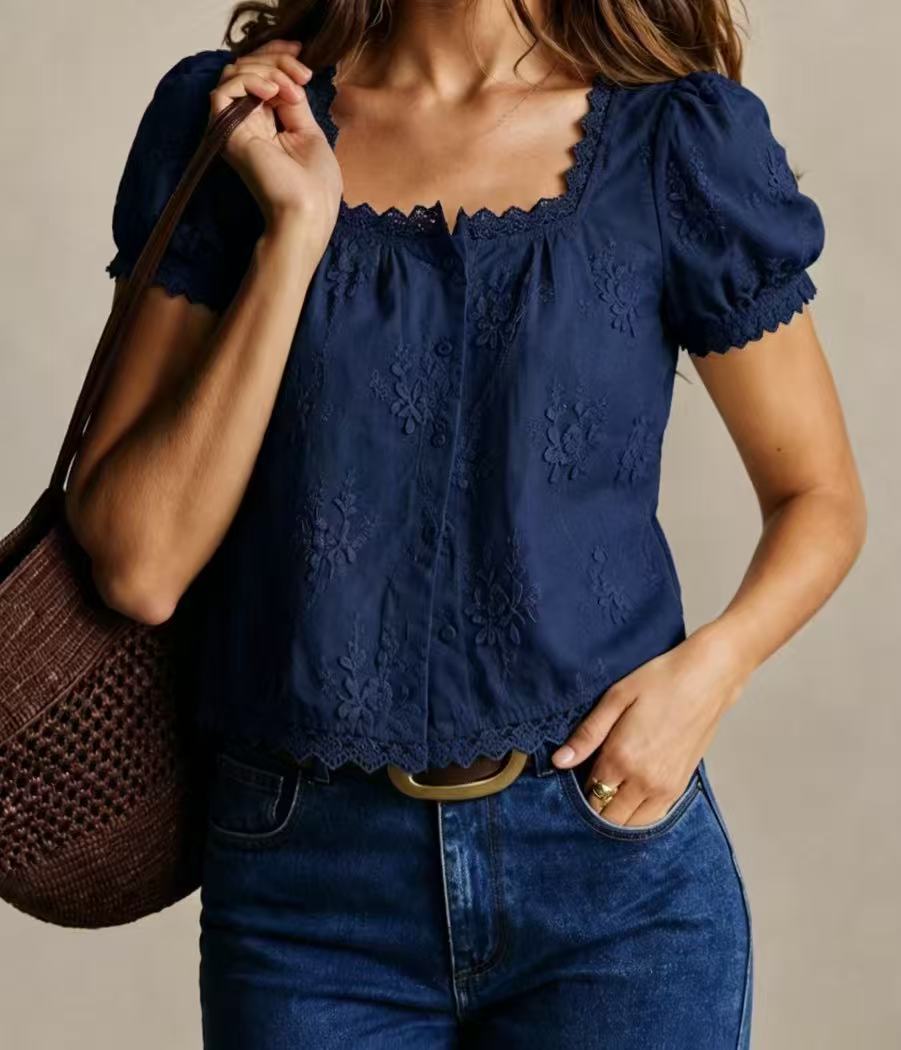 Women Square Neck 3D Floral Embroidery Cropped Button Blouse