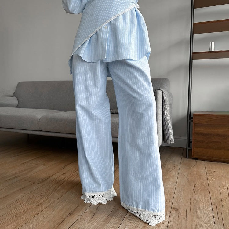 Patchwork Lace Stripe Women Shirt and Wide-Leg Pants