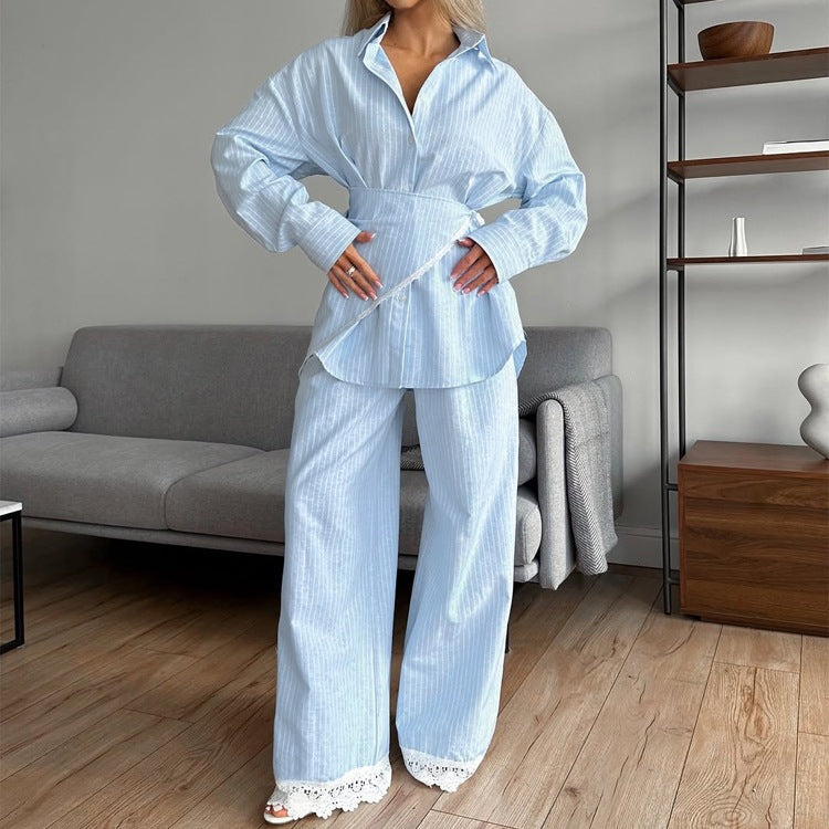 Patchwork Lace Stripe Women Shirt and Wide-Leg Pants