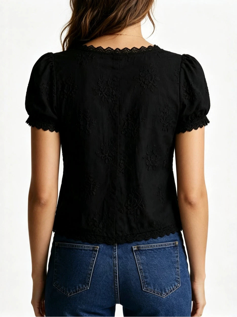 Women Square Neck 3D Floral Embroidery Cropped Button Blouse