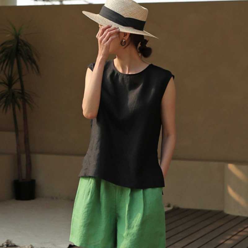 Summer Womens Pure Linen Sleeveless Crewneck Slit Blouse Top