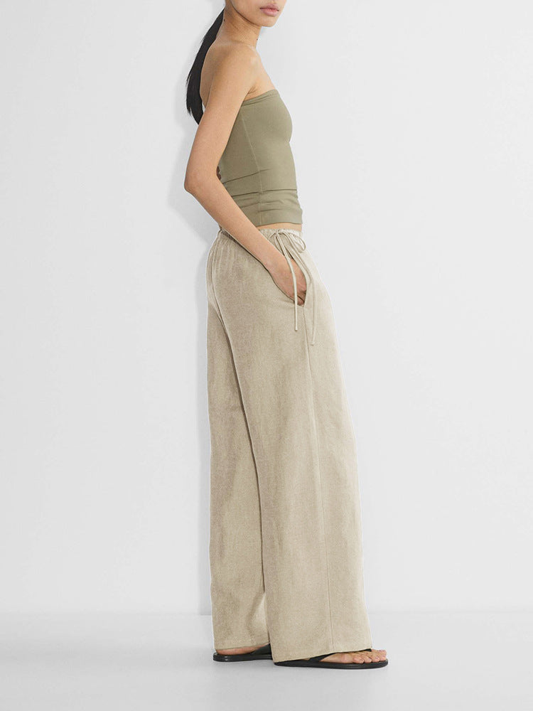 Linen Wide-Leg Pants for Women, Spring Long Pants with Elastic Waist, Drapey Linen Casual Pants, Loose Cotton-Linen Straight-Leg Pants
