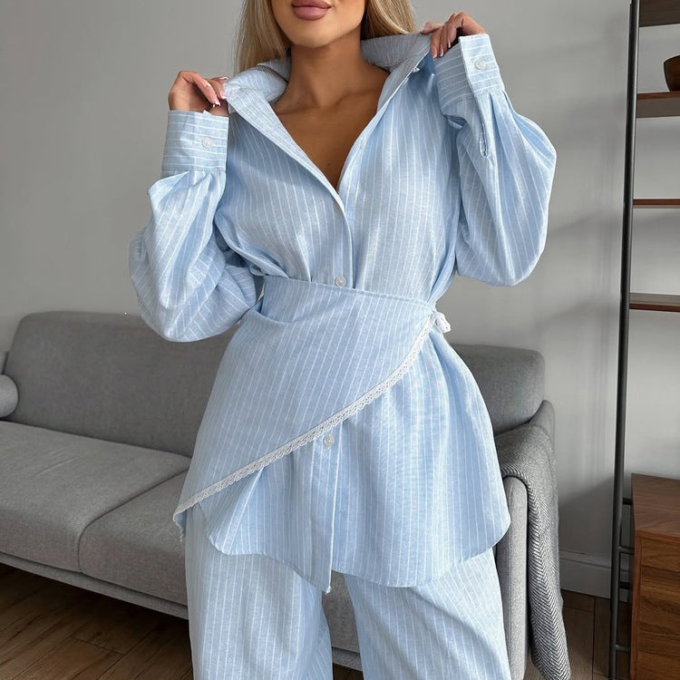 Patchwork Lace Stripe Women Shirt and Wide-Leg Pants