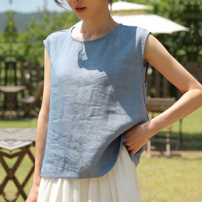 Summer Womens Pure Linen Sleeveless Crewneck Slit Blouse Top