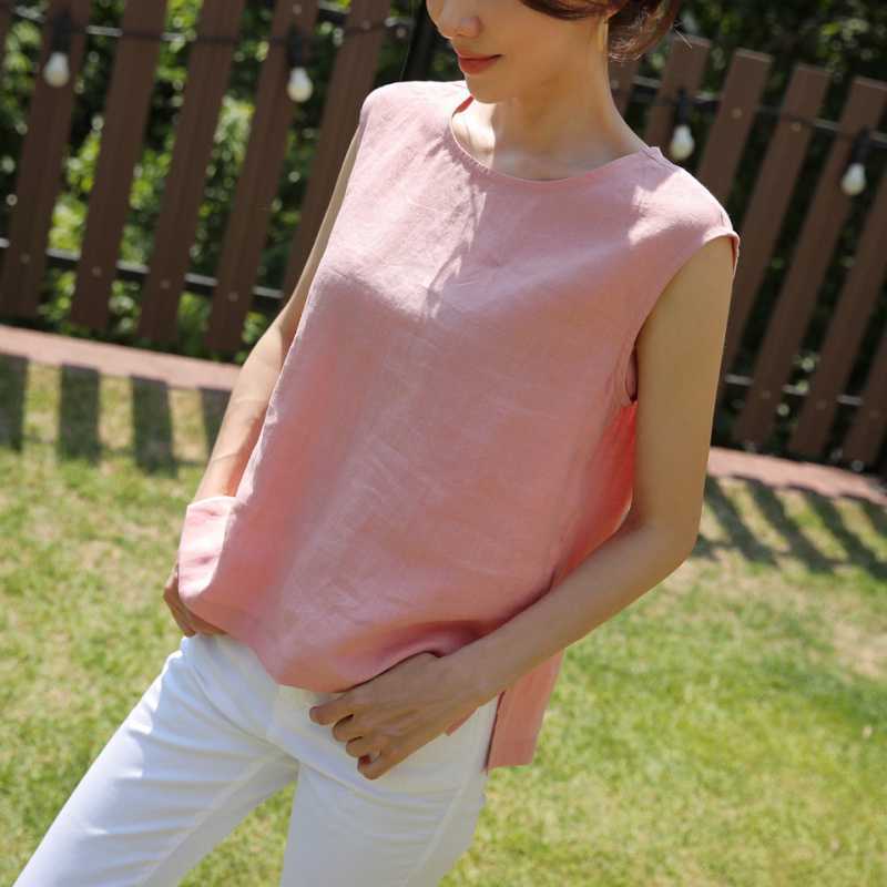 Summer Womens Pure Linen Sleeveless Crewneck Slit Blouse Top