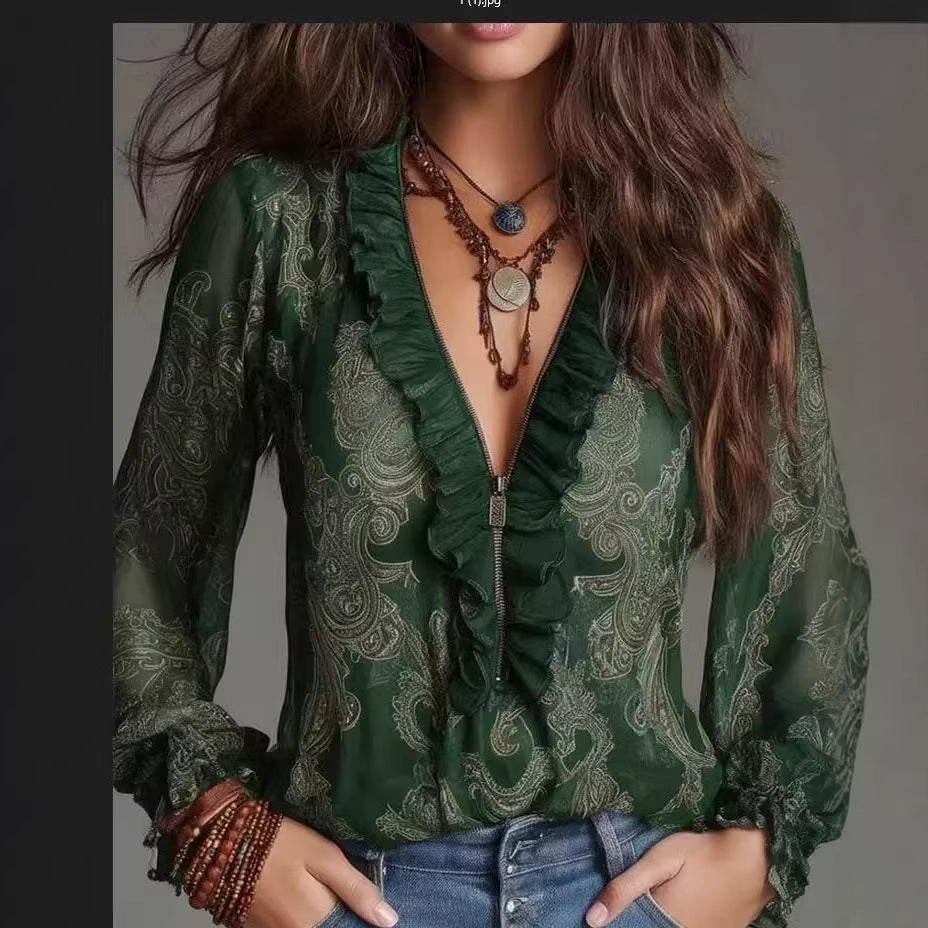 Floral Print V-Neck Long Sleeve Blouse
