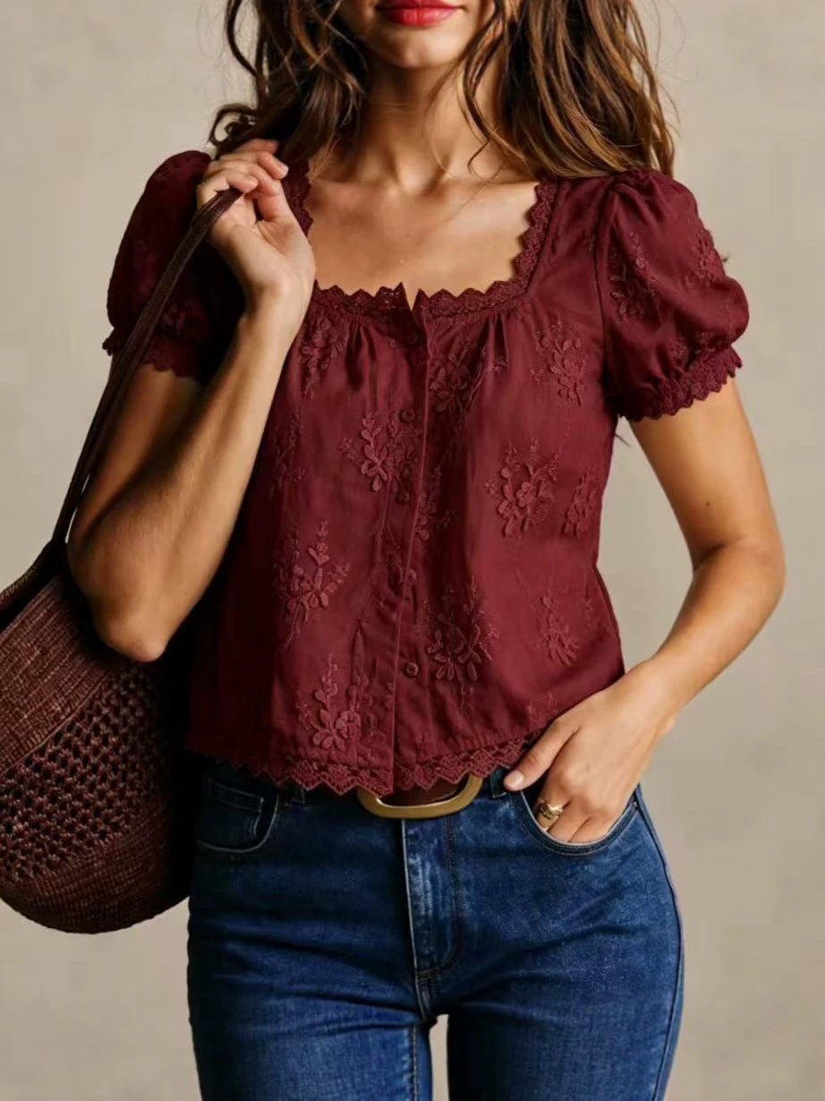 Women Square Neck 3D Floral Embroidery Cropped Button Blouse
