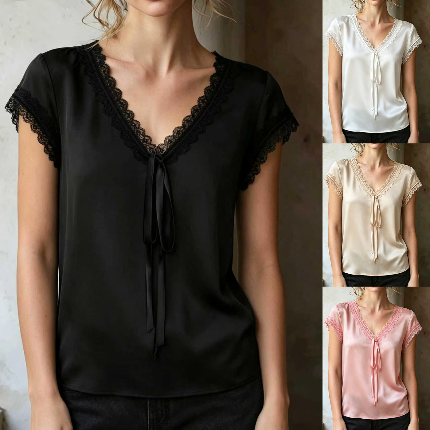 Womens Lace Trim V-Neck Blouse